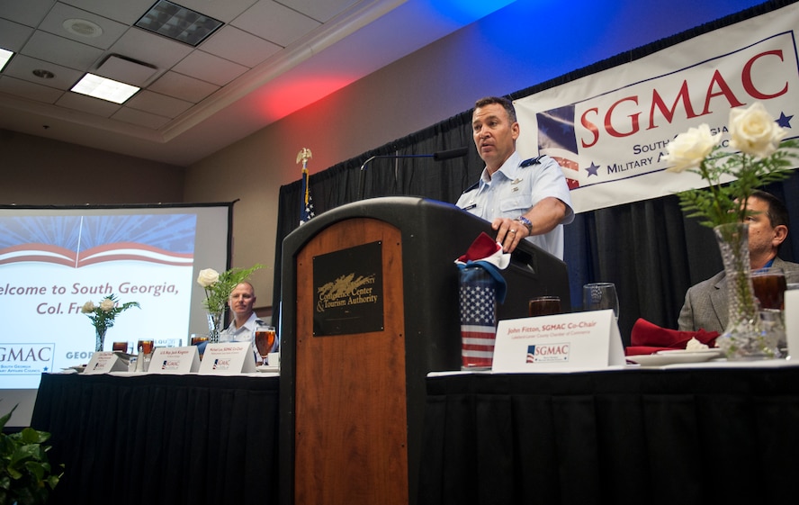 U.S. Air Force Col. Chad Franks, 23d Wing commander, speaks during the South Georgia Military Affairs Council luncheon in Valdosta, Ga., Aug. 23, 2013. Franks spoke about the mission of Moody Air Force Base, Ga., and his previous experiences working with the Valdosta community. (U.S. Air Force photo by Senior Airman Jarrod Grammel/Released)
