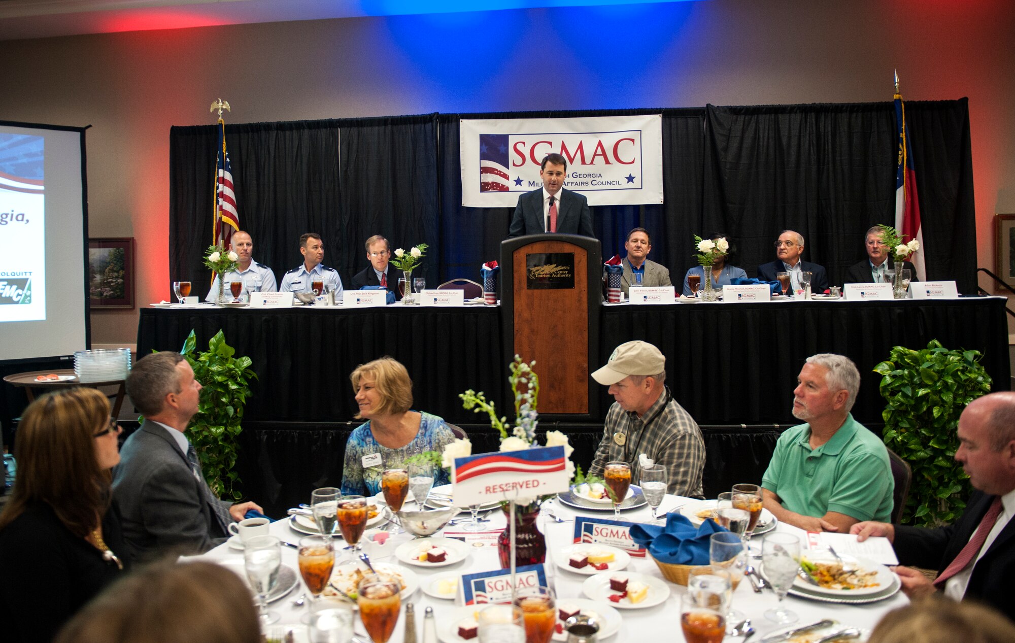 Michael Lee, Valdosta-Lowndes Chamber of Commerce member, speaks during the South Georgia Military Affairs Council (SGMAC) luncheon in Valdosta, Ga., Aug. 23, 2013. The SGMAC is made up of members from the four chambers of commerce surrounding Moody Air Force Base, Ga.(U.S. Air Force photo by Senior Airman Jarrod Grammel/Released)
