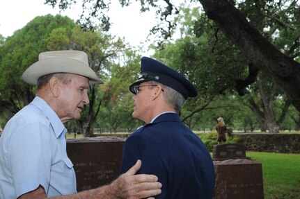 Brig. Gen. Bob LaBrutta, 502nd Air Base Wing and Joint Base San Antonio commander; spent time with retired Brig. Gen. James U. Cross from Gatesville, Texas, following the annual wreath laying ceremony in Stonewall, Texas, to honor former U.S. President Lyndon B. Johnson.   Cross He was a military aide and chief Air Force One pilot for President Johnson. (U.S.Air Force photo by Rich McFadden/released)