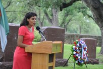 Jordan Metoyer, University of Texas at Austin senior and 2013 Harry S. Truman Scholar, was the keynote speaker during the annual annual wreath laying ceremony in Stonewall, Texas, to honor former U.S. President Lyndon B. Johnson.   (U.S.Air Force photo by Rich McFadden/released)