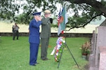 On Aug. 27 each year, in honor of the birth date of former U.S. President  Lyndon B. Johnson, a wreath laying ceremony, sponsored by the National Park Service is held at the Johnson's private cemetery in Stonewall, Texas.  Brig. Gen. Bob LaBrutta, 502nd Air Base Wing and Joint Base San Antonio commander; and Russ Whitlock, superintendent for Lyndon B. Johnson National Historical Park; placed the wreath at the gravesite and both spoke during the ceremony. (U.S.Air Force photo by Rich McFadden/released)