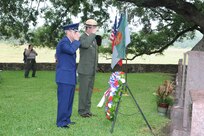 On Aug. 27 each year, in honor of the birth date of former U.S. President  Lyndon B. Johnson, a wreath laying ceremony, sponsored by the National Park Service is held at the Johnson's private cemetery in Stonewall, Texas.  Brig. Gen. Bob LaBrutta, 502nd Air Base Wing and Joint Base San Antonio commander; and Russ Whitlock, superintendent for Lyndon B. Johnson National Historical Park; placed the wreath at the gravesite and both spoke during the ceremony. (U.S.Air Force photo by Rich McFadden/released)