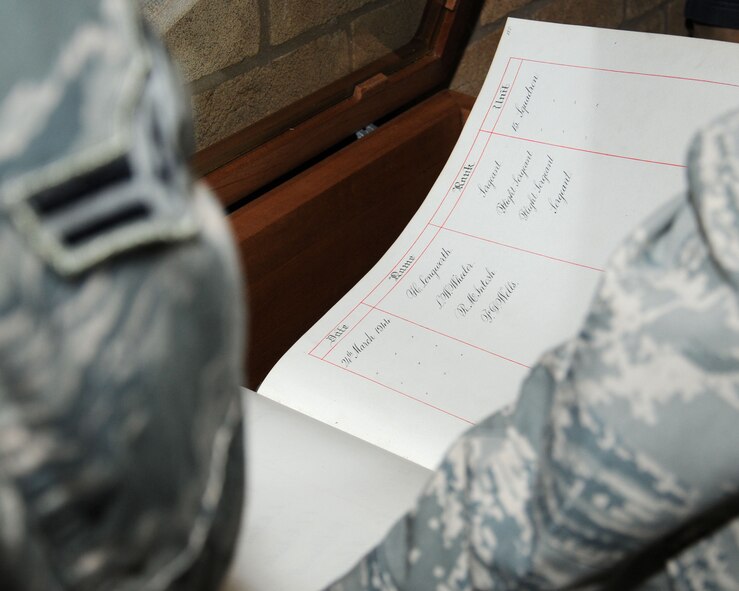 U.S. Air Force Lt. Col. Henry Close, right, 100th Air Refueling Wing chaplain, and Airman 1st Class Scott Haeseler, 100th Civil Engineer Squadron structures journeyman from Mystic, Conn., look at the RAF Station Book Aug. 27, 2013, in the chapel on RAF Mildenhall, England. In 1982, His Royal Highness, the Prince of Wales, signed the official RAF Station Book on RAF Mildenhall. The cabinet housing the book had a broken piece of glass in it, and Haeseler and David Spragg, 100th CES structures charge hand carpenter and joiner from Yorkshire, England, manufactured a new case out of materials left over from other base projects. (U.S. Air Force photo by Gina Randall/Released)