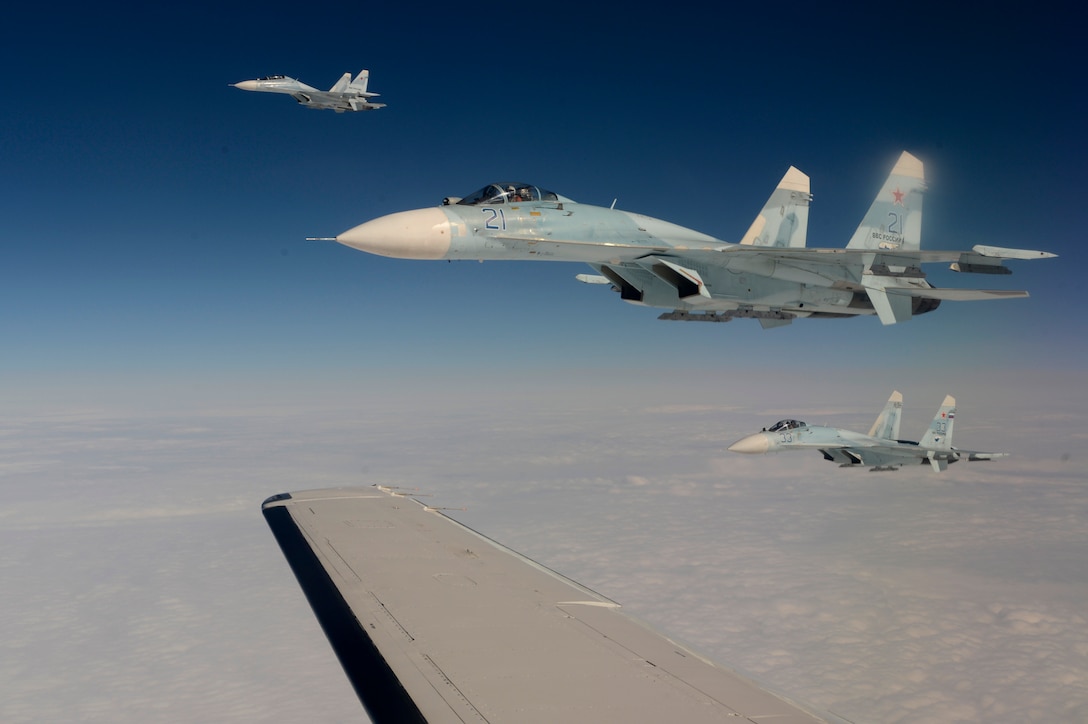 A Russian air force Su-27 Sukhois intercepts a simulated hijacked aircraft entering Russian airspace Aug. 27, 2013, at Exercise Vigilant Eagle 13. This exercise is the fifth in a series of cooperative exercises that provide an opportunity for Russia, Canada, and United States military personnel to enhance their international partnership and to cooperatively detect, track, identify, and follow a hijacked aircraft as it proceeds across international boundaries. U.S. Air Force photo by Tech. Sgt. Jason Robertson