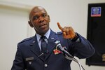 Air Force Col. Ondra Berry, a member of the Nevada Air National Guard and special advisor for diversity and equal opportunity to Army Gen. Frank Grass, the chief of the National Guard Bureau, delivers a keynote speech at the 172nd Airlift Wing's Black Heritage Program in Jackson, Miss., in February 2012.