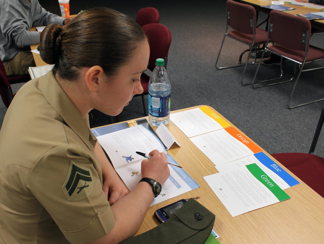 Hannah Stockman, administrative specialist at The Basic School, completes the “Real Colors,” personality identification assessment during Family Advocacy Program’s “Warrior Stress Management” workshop Aug. 23, 2013, at the Barber Physical Activity Center aboard Marine Corps Base Quantico. The assessment was intended to help participants identify their temperament, stress triggers and develop strategies to improve communication with others.