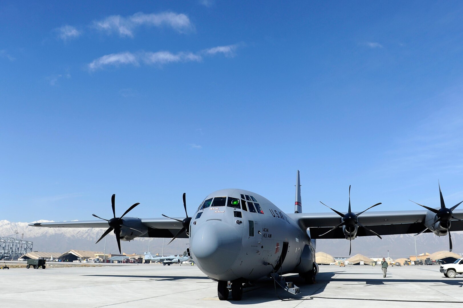 U.S. Air Force C-130J deployed from the Rhode Island Air National Guard on Bagram Airfield, Afghanistan, March 2, 2010. Rhode Island crews will deliver new C-130Js to Iraq.