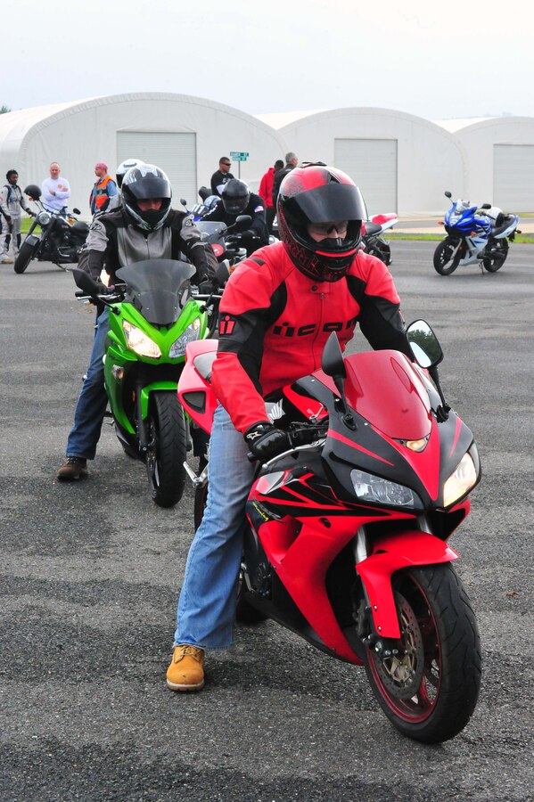 Motorcyclists prepare to ride the first part of an Advanced Cornering Clinic at Camp Upshur aboard Marine Corps Base Quantico on Aug. 29, 2013. Twelve students attended the last class of the summer. 