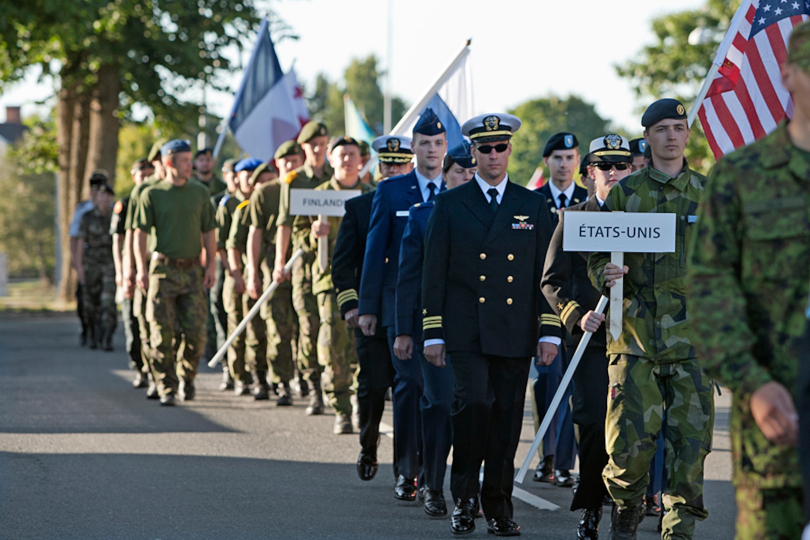 The U.S. Orienteering Team marches in at the opening ceremonies of the 2013 CISM Orienteering World Military Championship hosted by the Swedish Armed Forces in Eksjo, Sweden 26 Aug-1 Sep.