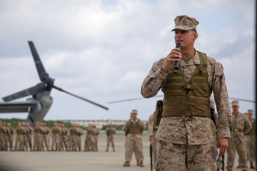 Lt. Col. Larry G. Brown addresses the crowd Aug. 30 at the Marine Medium Tiltrotor Squadron 262 redesignation on Marine Corps Air Station Futenma. The squadron, previously Marine Medium Helicopter Squadron 262, was redesignated to reflect the replacement of the squadron's CH-46E Sea Knight helicopters with MV-22B Osprey tiltrotor aircraft. The Osprey will increase the operational range, agility and load-carrying capabilities of VMM-262, providing III Marine Expeditionary Force with improved rapid-response ability throughout the Asia-Pacific region. VMM-262 is a part of Marine Aircraft Group 36, 1st Marine Aircraft Wing, III MEF.  Brown is the commanding officer of VMM-262. 