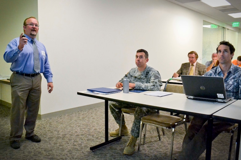 Jason Sidley of California Department of Water Resources (DWR) briefs part of  the “California's Flood Future Highlights: Recommendations for Managing the State's Flood Risk” during a technical seminar USACE, South Pacific Division Headquarters, San Francisco, Calif., Aug. 22. The report, prepared by USACE, DWR and various other state agencies, identifies and addresses the barriers to improved flood management. As the first comprehensive look at statewide exposure to flood risk, the report also provides information intended to inform decisions about policies and financial investments to improve public safety, foster environmental stewardship and support economic stability.