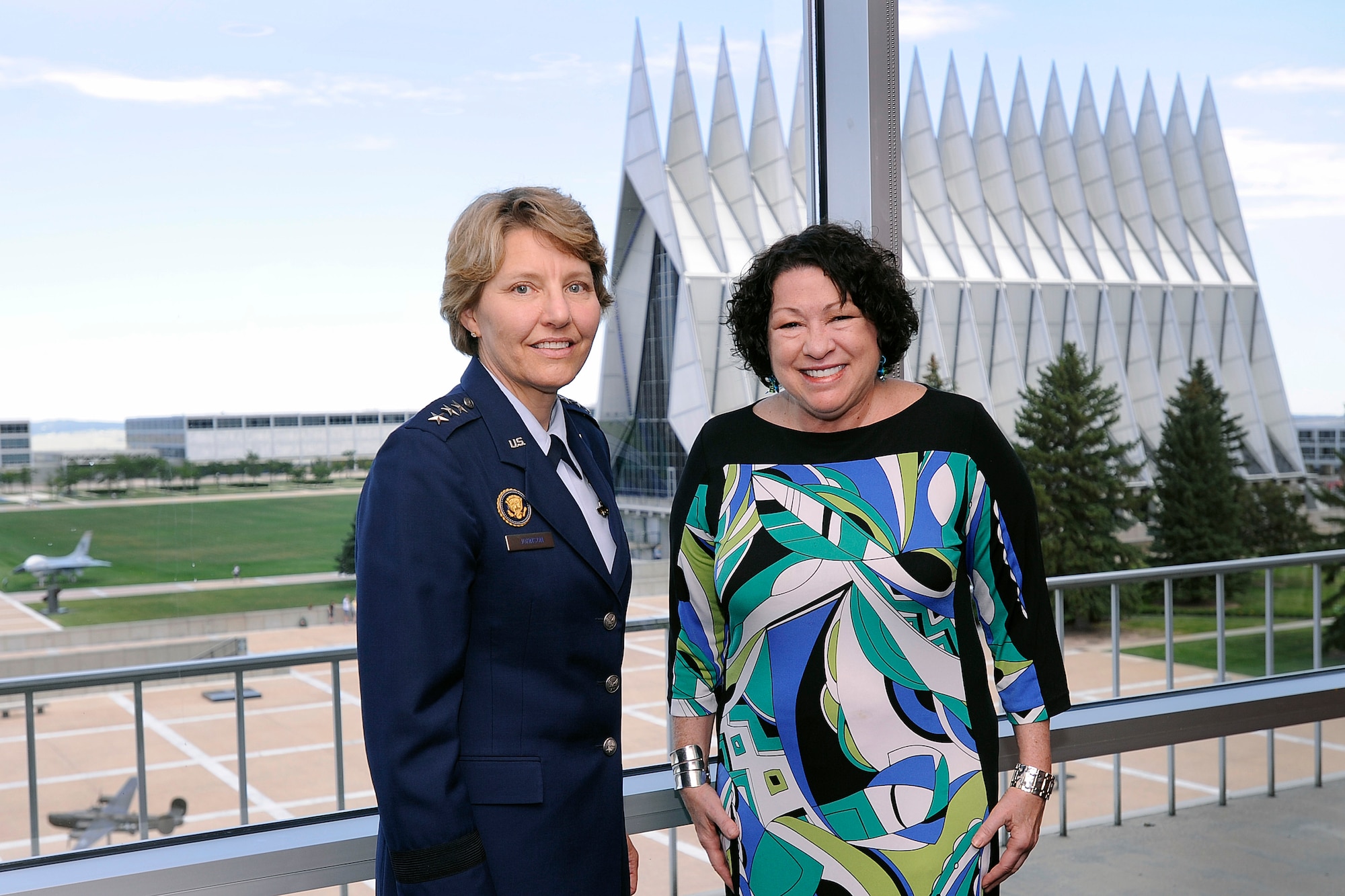 Supreme Court associate justice Sonia Sotomayor (right) poses with Academy Superintendent Lt. Gen. Michelle Johnson during a visit to the Air Force Academy Aug. 29. Sotomayor held an open forum for approximately 50 cadets and 20 faculty members from the Academy's Law and Political Sciences Department to share her experiences about life as a justice on the nation's highest court. (U.S. Air Force Photo/Sarah Chambers)