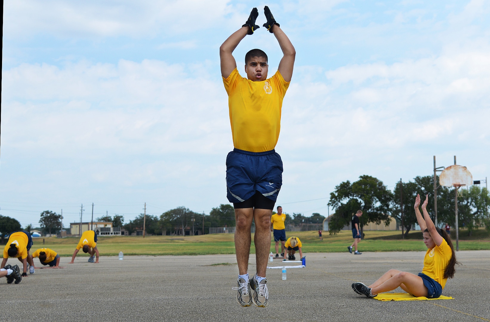 Senior Airman Robert Terwilliger, 59th Dental Support Squadron dental lab technician, takes part in the warrior workout at the Airman Leadership School August 19, at Joint Base San Antonio-Lackland. (U.S. Air Force photo by Benjamin Faske/released)