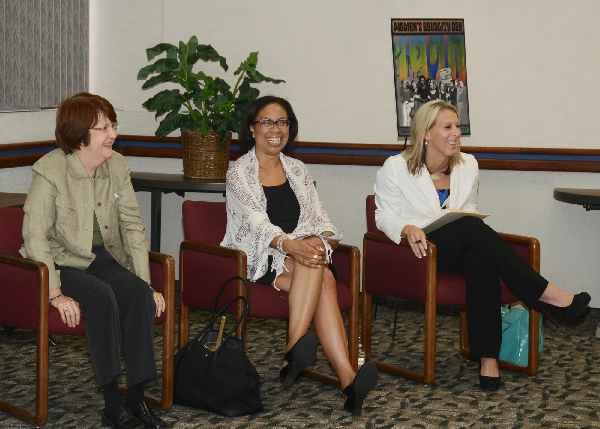 Guest speakers for the Women's Equality Breakfast were (left to right) retired Air Force Col. Mary Parker, 31st Test and Evaluation Squadron director of logistics; Julie Swayze, Edwards AFB Civilian-Military support group; and Candance Clements, key spouse lead and NASA employee; answer questions from the audience following their presentations. (U.S. Air Force photo by Rebecca Amber)