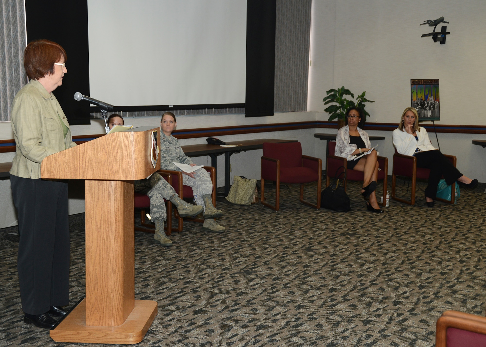 Retired Air Force Col. Mary Parker, 31st Test and Evaluation Squadron deputy for logistics, gives a speech during Edwards AFB's 2013 Women's Equality Breakfast held at the Airman and Family Readiness Center Aug. 27. (U.S. Air Force photo by Rebecca Amber)