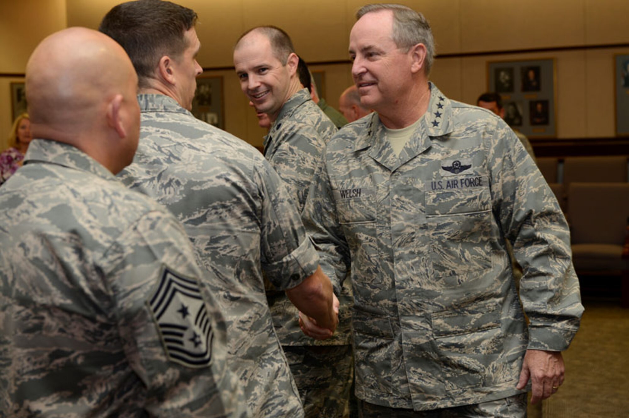 Air Force Chief of Staff, Gen. Mark A. Welsh III greets base leadership prior to a mission briefing at Joint Base Elmendorf-Richardson Aug. 29. Welsh visited JBER to meet Airmen and get a first-hand look at the mission here. (U.S. Air Force photo/ Airman 1st Class Omari Bernard) 