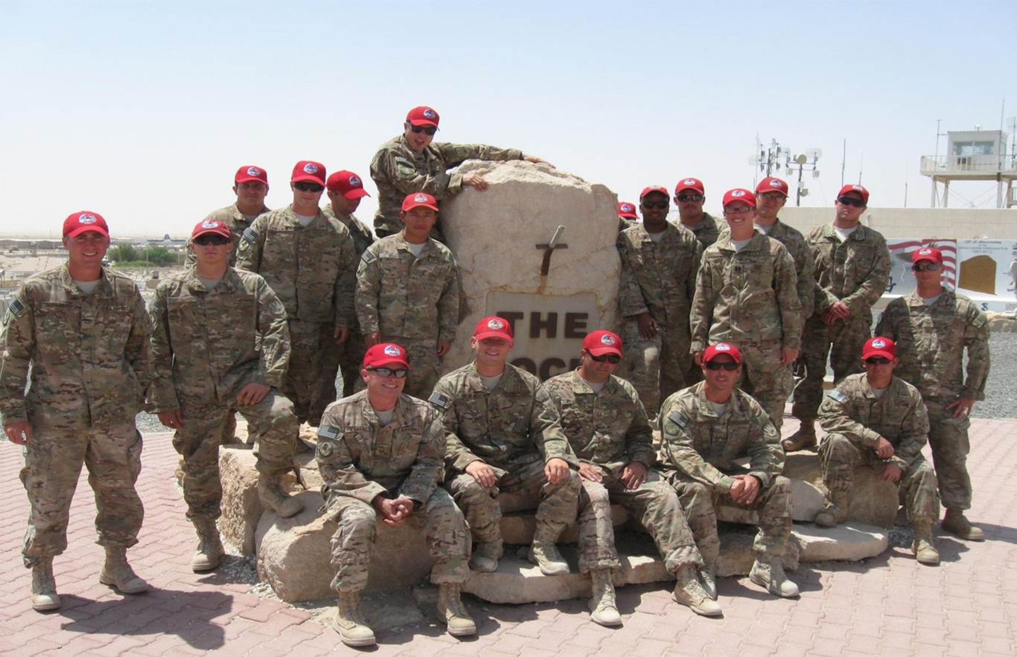 Members of Malmstrom’s 819th RED HORSE Squadron pose for a photo at Ali Al Salem Air Base, Kuwait.  This deployment to Kuwait was one of several places the uniform presented to the museum was worn; other places included Al Dhafra Air Base, United Arab Emirates; Bagram Airfield, Afghanistan; Al Udeid Air Base, Qatar; and Kandahar Airfield, Afghanistan.  (Courtesy Photo)