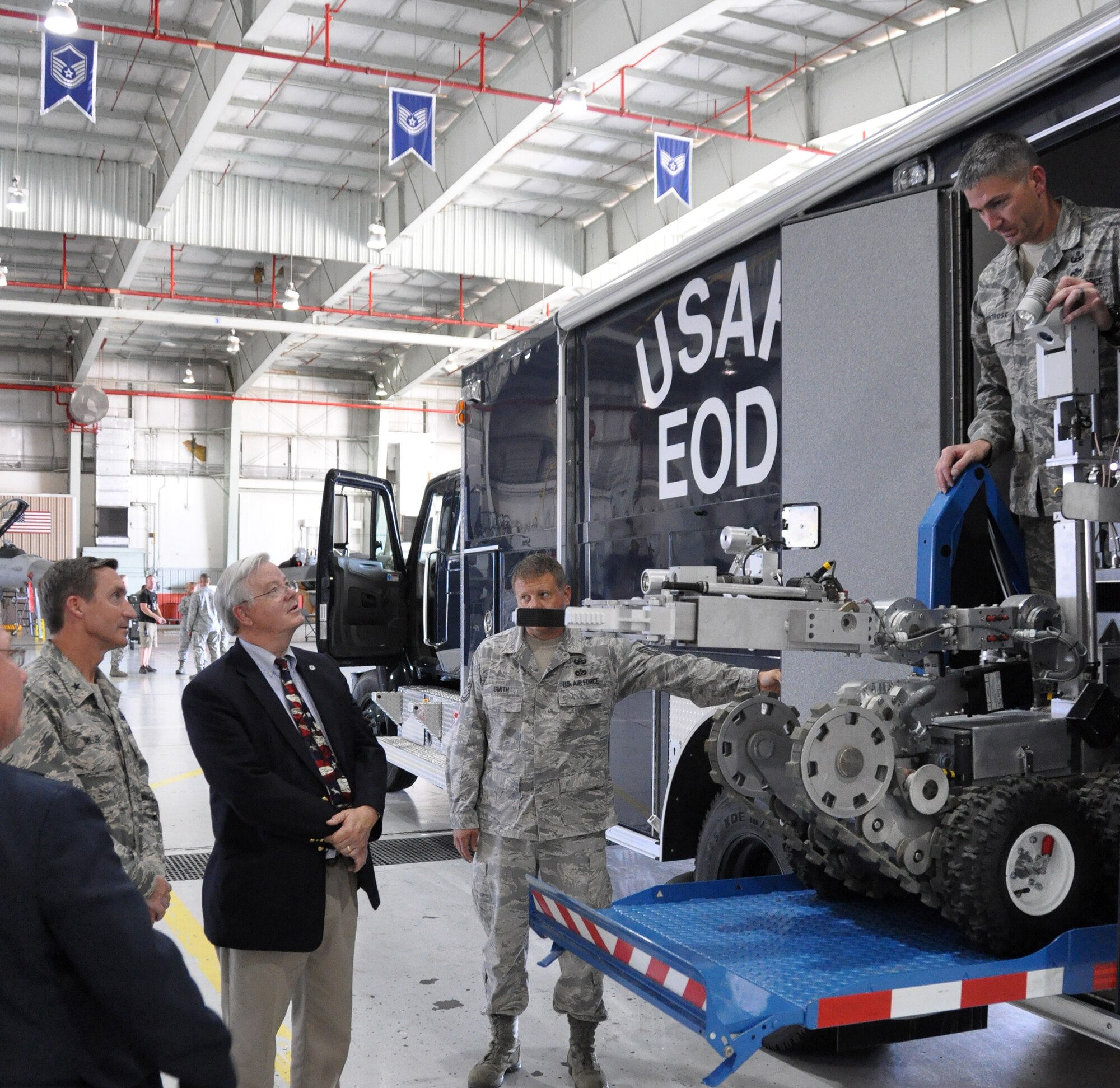 Congressman Joe Barton met with 301st Fighter Wing leadership to get updates on F-16 life expectancy, 301st operations, Total Force Integration and Explosive Ordnance Disposal support to local authorities. In this photo, Congressman Barton is learning about the robots used by EOD technicians to keep them safe when dealing with potentially dangerous materials.(U.S. Air Force photo/Capt. Rodney Ellison)
