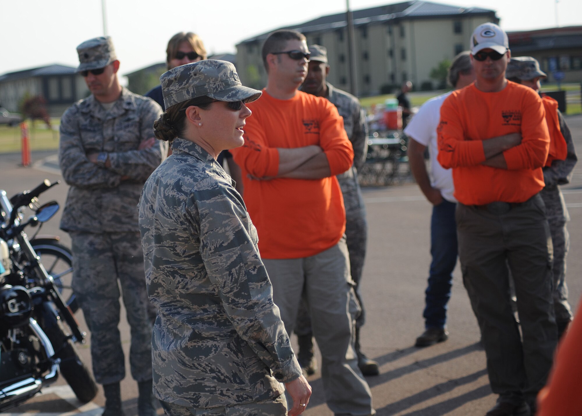 Col. Marné Deranger, 341st Missile Wing vice commander, speaks to Team Malmstrom members attending Rolling Thunder about the importance of motorcycle safety Aug. 27 at the old Base Exchange parking lot.  There are nearly 300 motorcycle riders on base and all were encouraged to attend the motorcycle safety event.  (U.S. Air Force photo/Senior Airman Cortney Paxton)