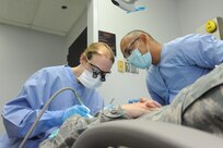 Capt. Jessamy Thornton (left), 359th Aerospace Medicine Squadron dentist, and Senior Airman Jorge Rojas, 359th Aerospace Medicine Squadron dental technician, perform a dental procedure on a patient Aug. 22 at the Joint Base San Antonio-Randolph Dental Clinic.  (U.S. Air Force photo by Rich McFadden)