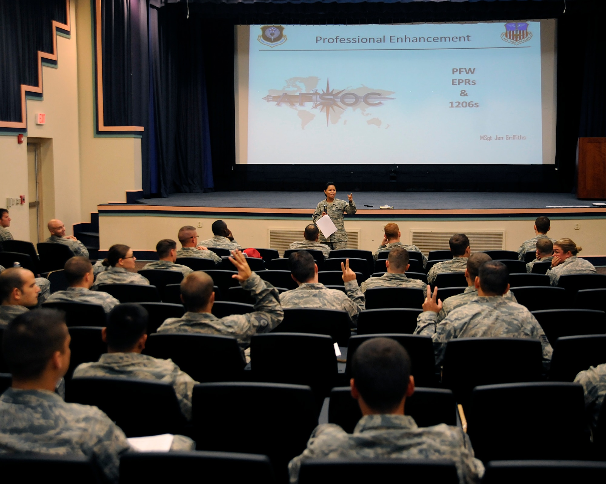 Master Sgt. Jennifer Griffiths, 1st Special Operations Force Support Squadron SNCO, teaches a performance feedback, enlisted performance report and awards class to Hurlburt Field Airmen during a Non-Commissioned Officer Professional Enhancement seminar at Hurlburt Field, Fla., Aug. 28, 2013. The NCOPE seminar is a professional military education refresher; mandatory for NCO’s who haven’t attended PME for at least three years. (U.S. Air Force photo/Staff Sgt. Jeff Andrejcik)