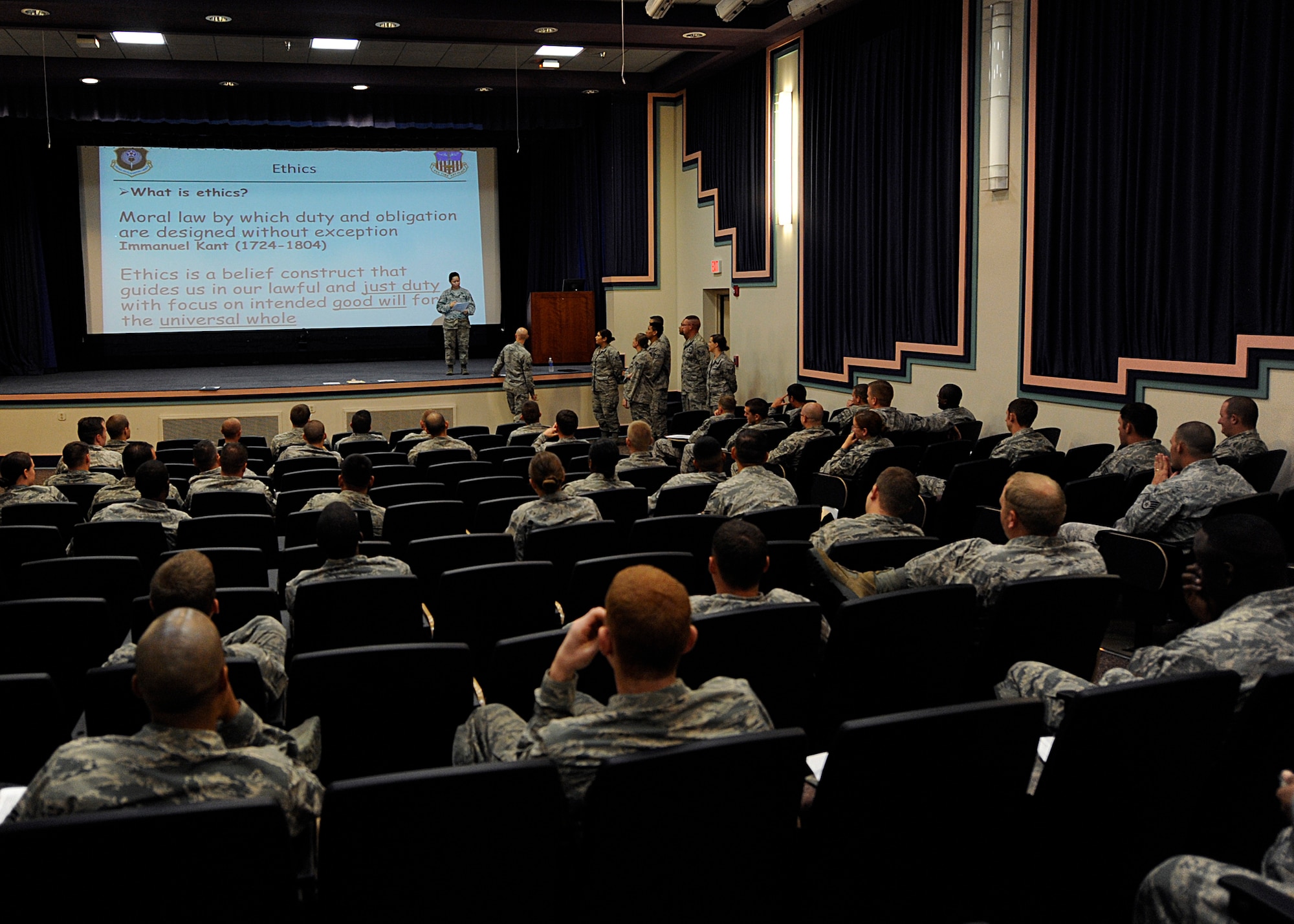 Master Sgt. Jennifer Griffiths, 1st Special Operations Force Support Squadron SNCO, teaches an ethics class to Hurlburt Field Airmen during a Non-Commissioned Officer Professional Enhancement seminar at Hurlburt Field, Fla., Aug. 26, 2013. The NCOPE seminar is a professional military education refresher; mandatory for NCO’s who haven’t attended PME for at least three years. (U.S. Air Force photo/Staff Sgt. Jeff Andrejcik)
