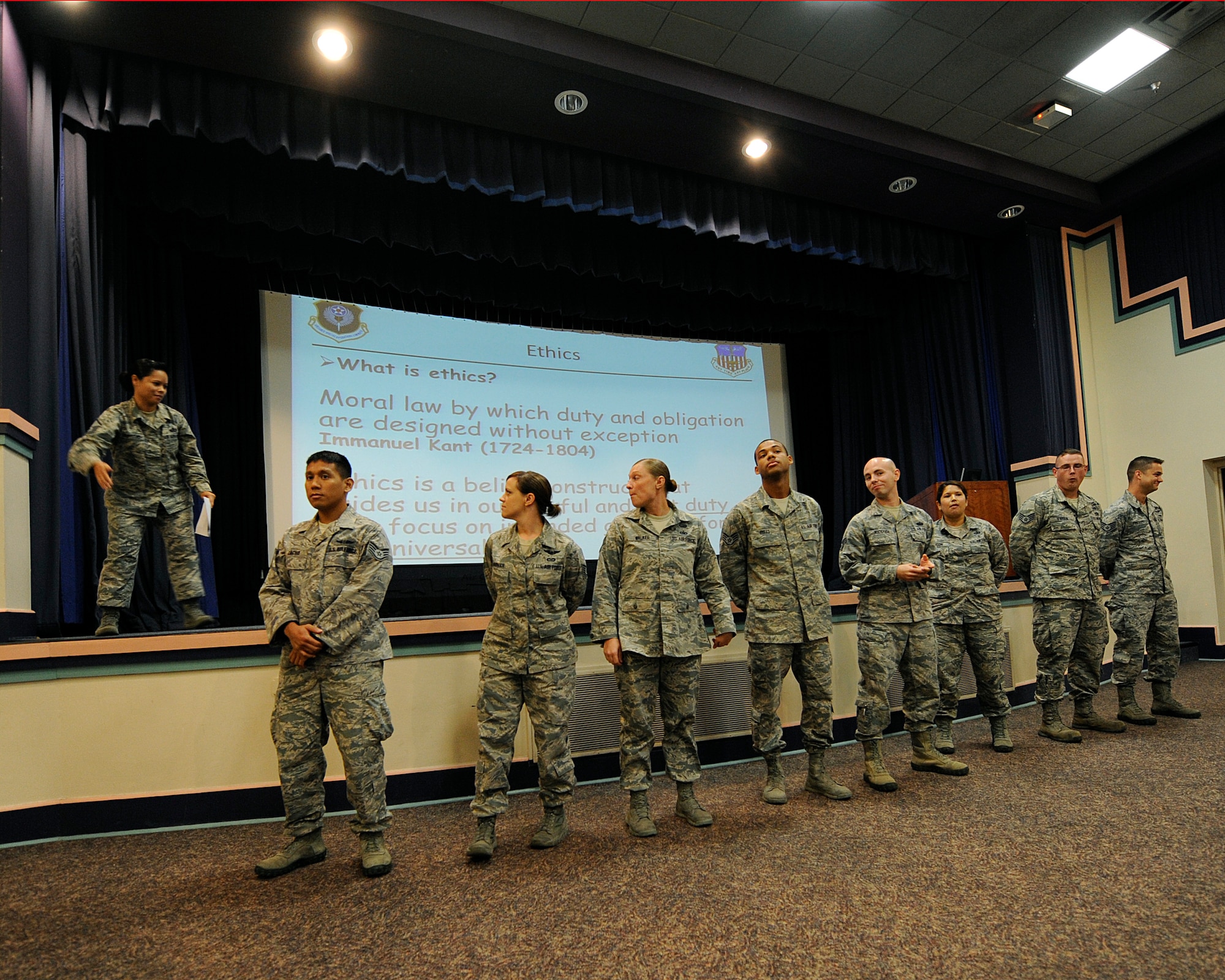 Master Sgt. Jennifer Griffiths, 1st Special Operations Force Support Squadron SNCO, teaches an ethics class to Hurlburt Field Airmen during a Non-Commissioned Officer Professional Enhancement seminar at Hurlburt Field, Fla., Aug. 26, 2013. The NCOPE seminar is a professional military education refresher; mandatory for NCO’s who haven’t attended PME for at least three years. (U.S. Air Force photo/Staff Sgt. Jeff Andrejcik)