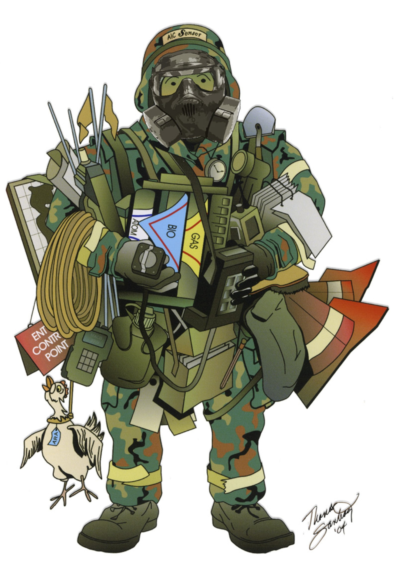 TYNDALL AIR FORCE BASE, Fla. - In 2004, Tom Santiago, then a graphic designer with Applied Research Associates, created a digital version of Smokey Joe. As with each version, equipment was updated to stay current with what emergency managers were using. The chicken, representing a live-agent detector, paid homage to the early days of the career field before electronic chemical detectors were available and replaced the rabbit in previous versions. (Courtesy artwork)