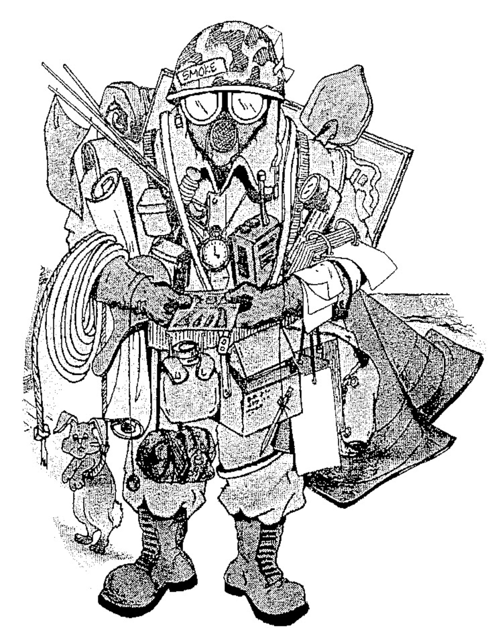 TYNDALL AIR FORCE BASE, Fla. - The original version of Smokey Joe was created by then Staff Sgt. Tom Santiago in 1985. The character comically depicted disaster preparedness officer Staff Sgt. Charlie Smokes and was a farewell gift upon Smokes’ transfer from the DP branch at Osan AB, Republic of Korea. Smokey Joe came to represent the “jack-of-all-trades” nature of the disaster preparedness field and was adopted as its unofficial icon. Through the transition from disaster preparedness to Air Force Emergency Management, the character’s look evolved with the times.  (Courtesy artwork)
