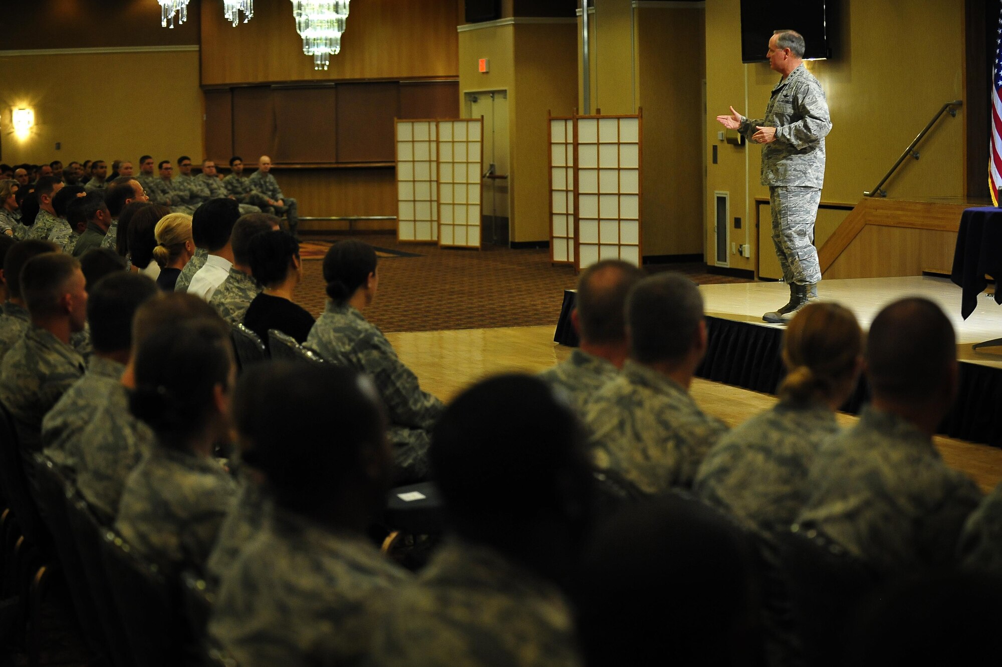 Air Force Chief of Staff Gen. Mark A. Welsh III addresses the audience during an Airman’s call Aug. 28, 2013, at Misawa Air Base, Japan. As part of a two-week tour to the Pacific, Welsh visited Misawa to talk about the current state of the Air Force and thank Airmen and their families for their service and dedicated support. (U.S. Air Force photo/Staff Sgt. Nathan Lipscomb) 