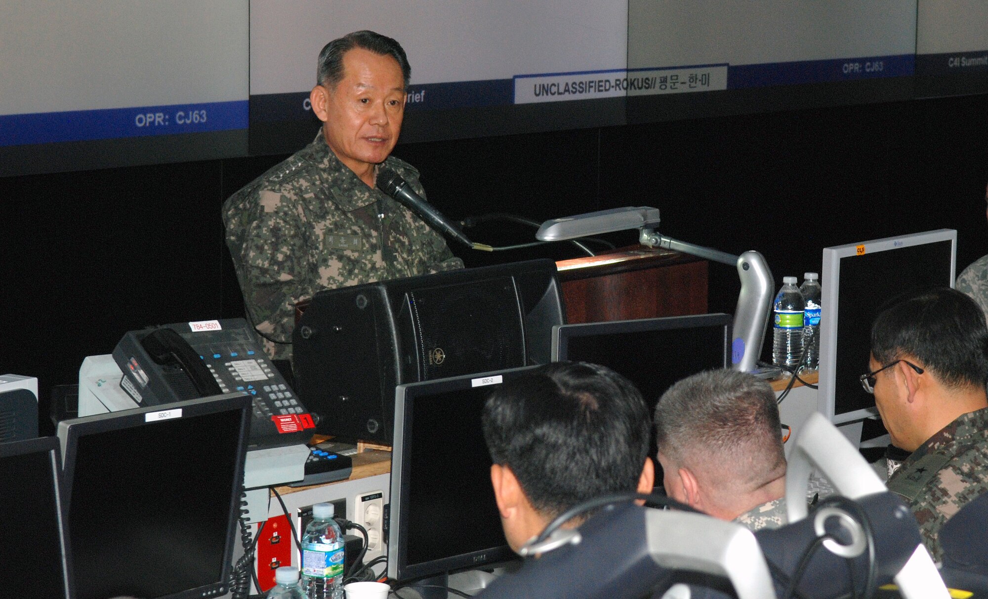 OSAN AIR BASE, Republic of Korea - Republic of Korea Adm. Choi, Yoon-Hee, Chairman of the ROK Joint Chiefs of Staff, speaks at the opening of the Command, Control, Communications, Computers and Intelligence Summit at the 607th Air and Space Operations Center on Osan Air Base, Republic of Korea, Nov. 26. More than 80 attendees from the ROK and U.S. militaries attended the summit including Combined Forces Command component commanders and the commander of U.S. Forces Korea. (U.S. Air Force photo by Tech. Sgt. Thomas J. Doscher)