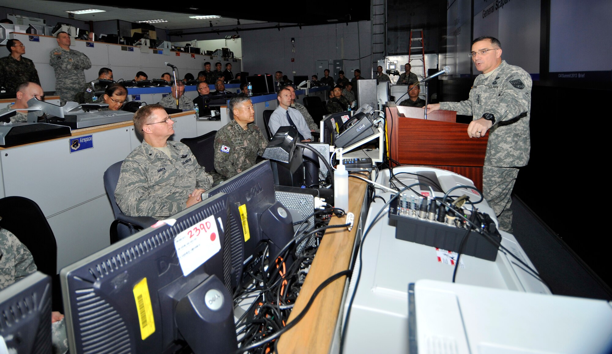 OSAN AIR BASE, Republic of Korea - U.S. Army Gen. Curtis M. Scaparrotti, U.S. Forces Korea commander, speaks during the C4I summit at Osan Air Base, Republic of Korea, Nov. 26, 2013. The C4I Summit allows Team Osan and 7 Air Force to showcase airpower to the key military leaders in the Pacific region. (U.S. Air Force photo/Staff Sgt. Emerson Nuñez)