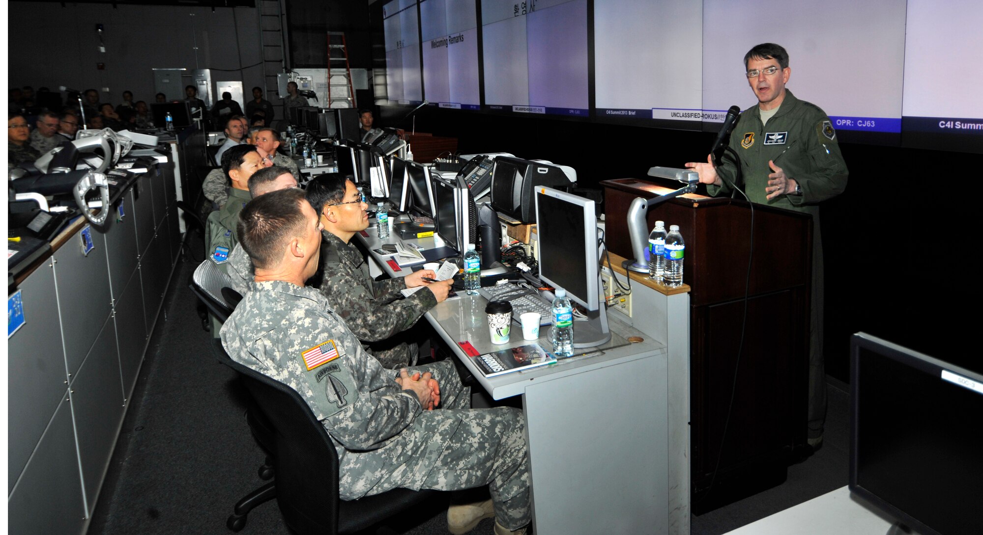 OSAN AIR BASE, Republic of Korea - Lt. Gen. Jan-Marc Jouas, 7th Air Force commander, speaks during the C4I summit at Osan Air Base, Republic of Korea, Nov. 26, 2013. The summit was to showcase ROK and U.S. C4I seams and gaps, a critical factor in combined operations. (U.S. Air Force photo/Staff Sgt. Emerson Nuñez)