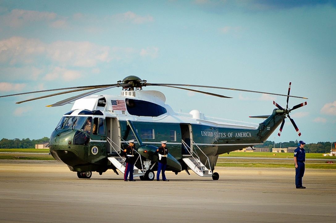 A Marine Helicopter Squadron One VH-3D helicopter lands at Joint Base Andrews, Md., while transporting the president of the United States. HMX-1 is celebrating their 66th anniversary Dec. 1, 2013.