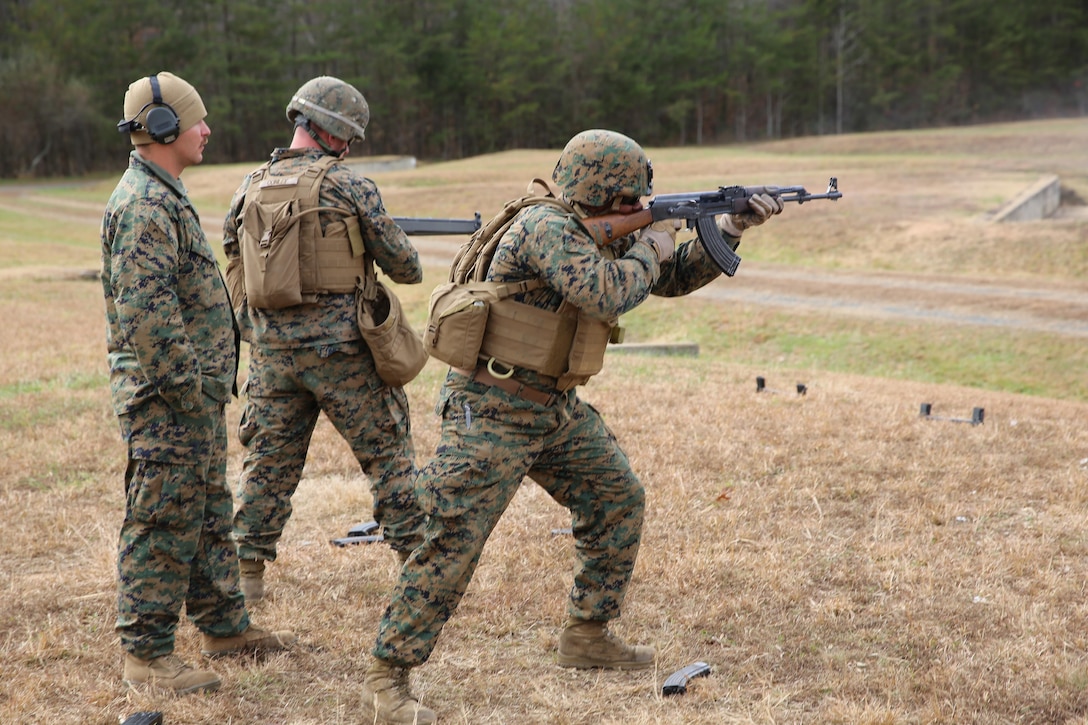 Marines with 3rd Battalion, 8th Marine Regiment shoot foreign weapons during a foreign weapons training course aboard Marine Corps Base Quantico, Va., November 26. The training familiarized the Marines to weapons they may encounter while deployed to countries in Europe and Africa.