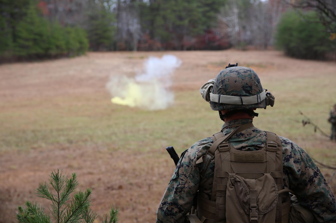 A Marine with Weapons Company, 3rd Battalion, 8th Marine Regiment awaits an MV-22 Osprey to land during a Tactical Recovery of Aircraft and Personnel mission aboard Marine Corps Base Camp Upshur, Va., November 26. The mission was a scenario during the battalions Alternate Mission Rehearsal exercise in preparation for an upcoming deployment.