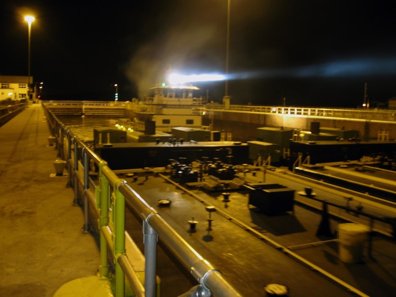 HASTINGS, Minn. - The unofficial end to 2013 navigation season Upper Mississippi River was marked early in the morning of November 27 when Motor Vessel Ginger Griffin New locked through Lock and Dam 2, near Hastings, Minn.