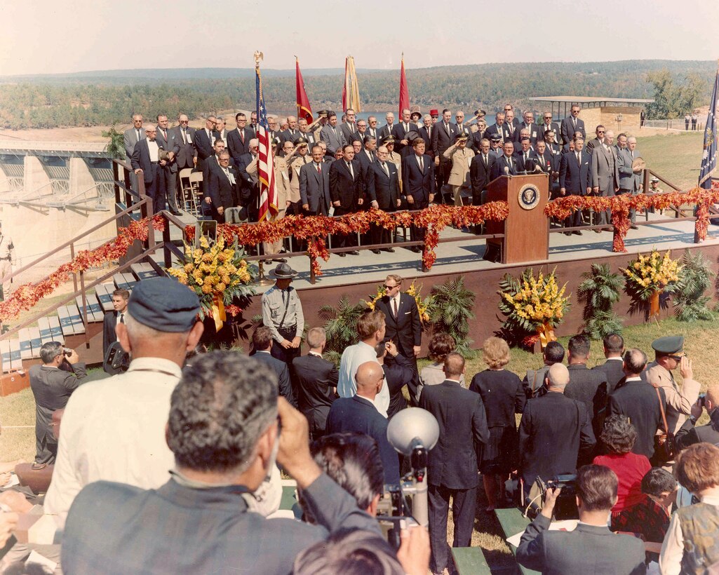 View of platform during Presentation of the Colors and playing of the National Anthem [President John F. Kennedy attending dedication of Greers Ferry Dam]. Oct. 3, 1963." (photo by USACE Little Rock District).