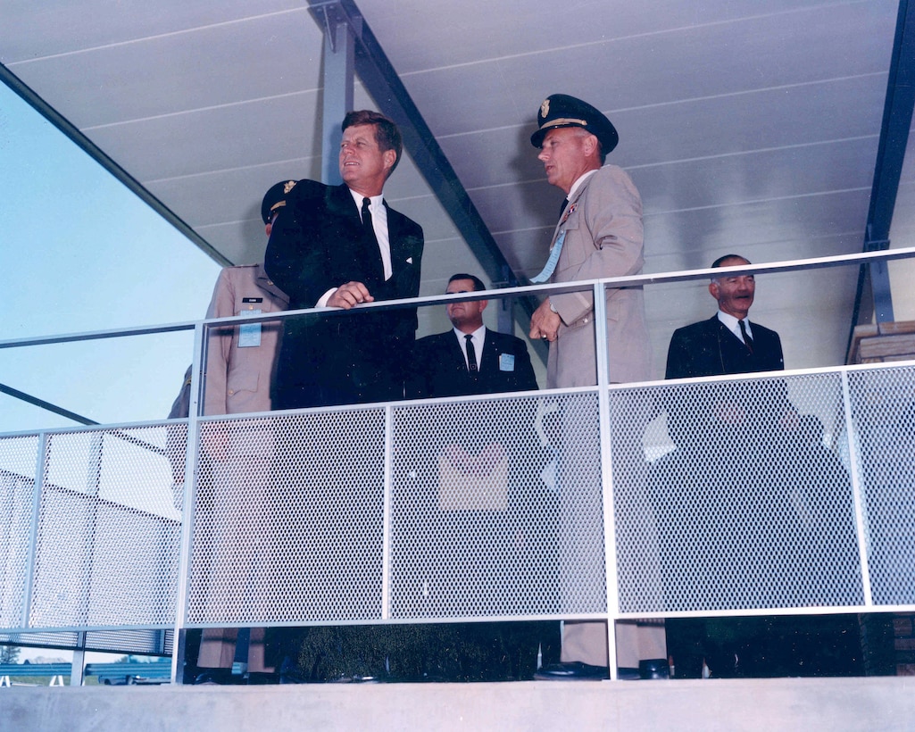 President John F. Kennedy views Greers Ferry Dam from the overlook with Colonel Charles D. Maynard, District Engineer, Little Rock District, U.S. Army Corps of Engineers, Oct. 3, 1963. (photo by USACE Little Rock District).
