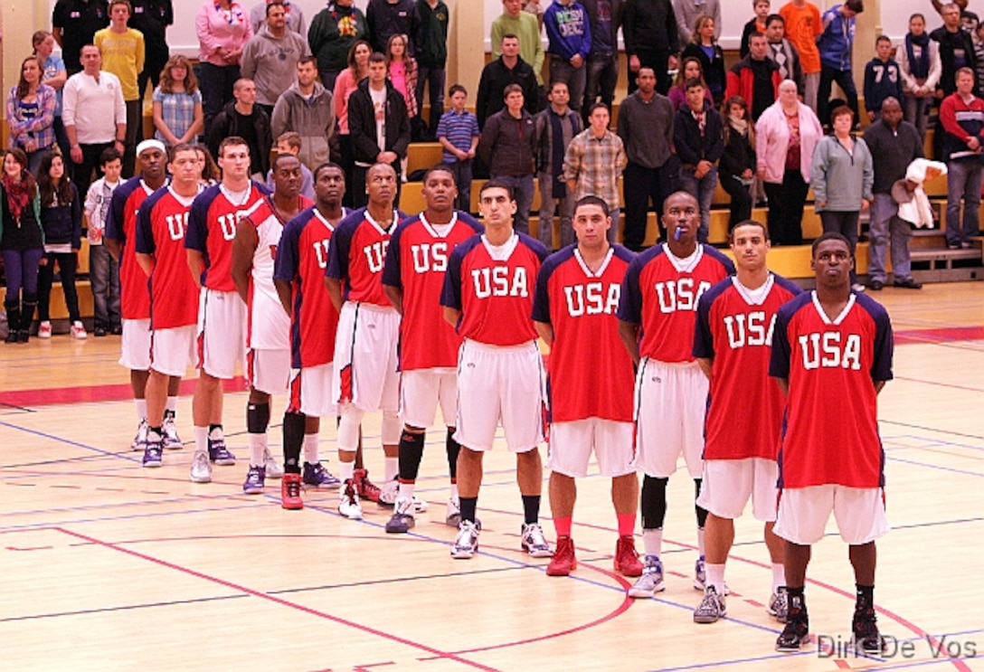 Team USA lines up prior to their game against Kazakhstan during the 2013 SHAPE International Basketball Tournament held at SHAPE (Mons), Belgium 24-30 November.  USA won 104-55.
