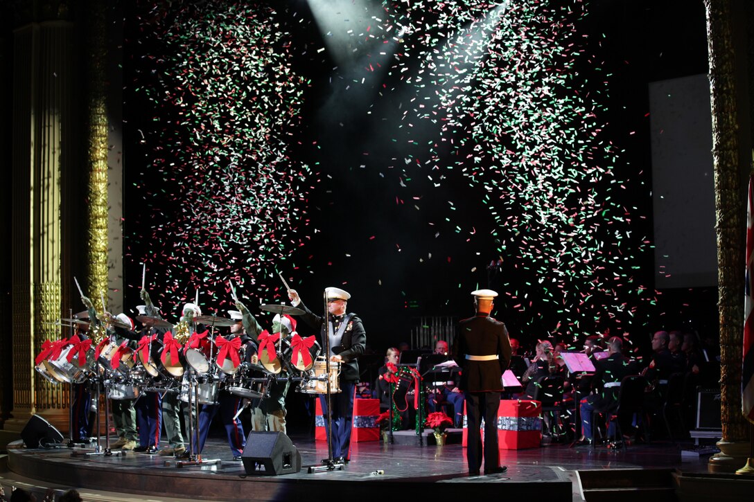 Percussionist from the U.S. Marine Corps Forces, Pacific Band performed a crowd-pleasing drum line at the conclusion of this year’s concert at the historic Hawaii Theatre here Dec. 1. The MarForPac Band, along with BAE Systems and the Chamber of Commerce of Hawai’i, presented the 6th annual Na Mele o na Keiki (Music for the Children) Holiday Concert