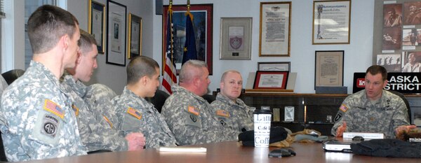 Maj. Mark DeRocchi, deputy commander of the Alaska District, talks to new interns of the Arctic Trailblazer Internship Program from the 2nd Engineer Brigade about the different divisions within the district and their missions. The program’s goal is to update Soldiers on the best engineering practices, increase safety awareness to the standards of the civilian industry and support the training goals of the brigade.