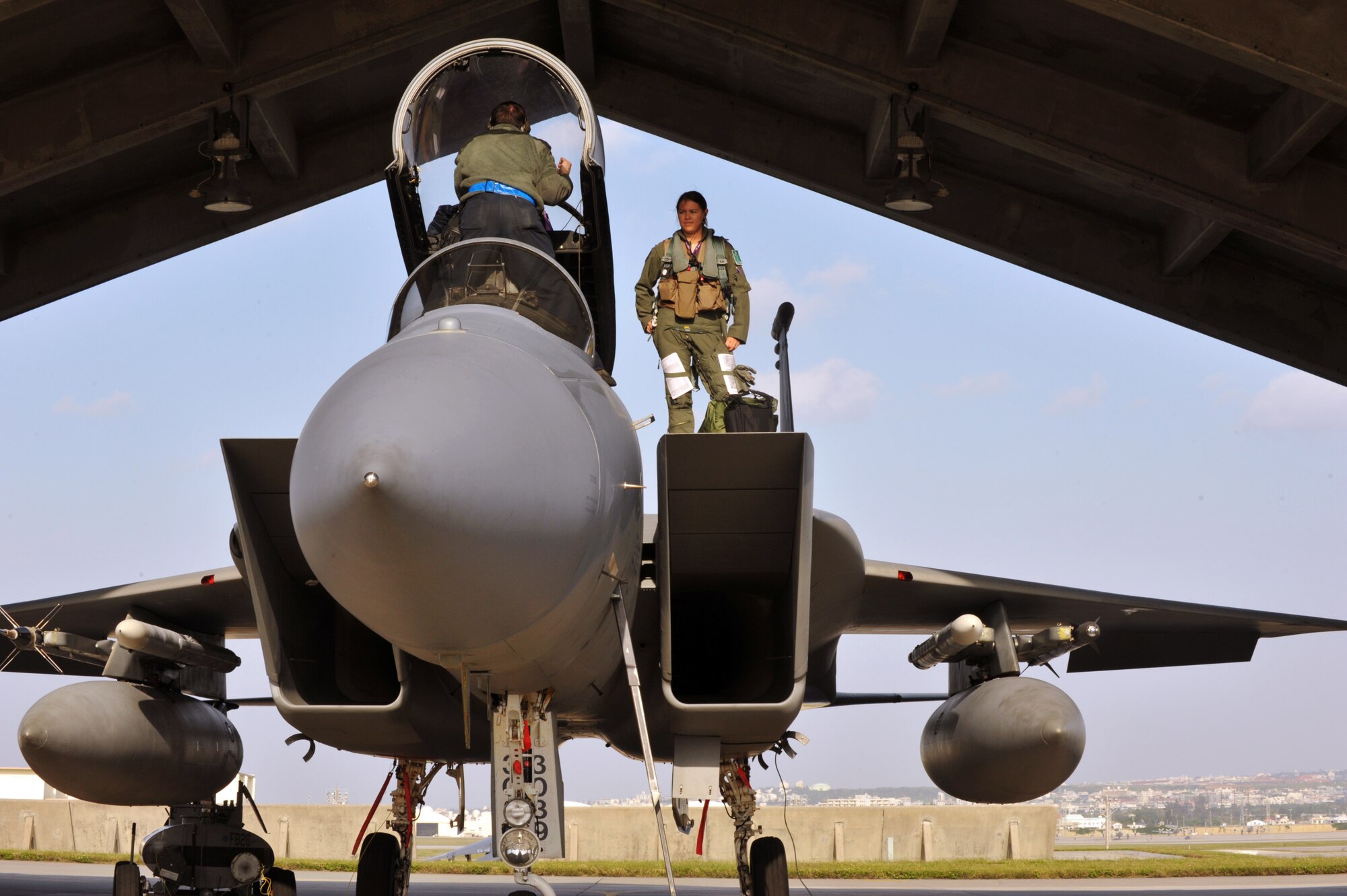 U. S. Air Force Airman 1st Class Logan Esancy, 18th Aircraft Maintenance Unit F-15 Eagle crew chief, inspects an F-15 Eagle before 1st Lt. Jillian Thompson, 44th Fighter Squadron F-15 Eagle pilot, heads to Guam for exercise Forager Fury II at Kadena Air Base, Japan, Nov. 26, 2013. The exercise is designed to employ and assess combat power generation and sustainment in a deployed, austere and unimproved environment. (U.S. Air Force photo by Naoto Anazawa)