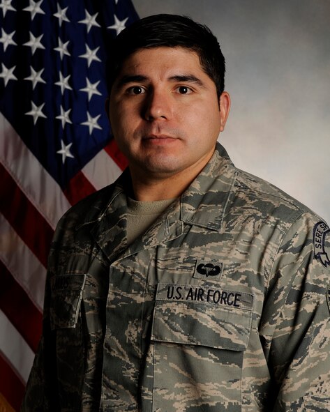 Staff Sgt. Valentin Larios, 92nd Joint Personnel Recovery Agency NCO in charge of survival and evasion operations, has been selected as a member of Team Fairchild's elite, Fairchild's Finest at Fairchild Air Force Base, Wash. (U.S. Air Force photo by Airman 1st Class Ryan Zeski/Released)
