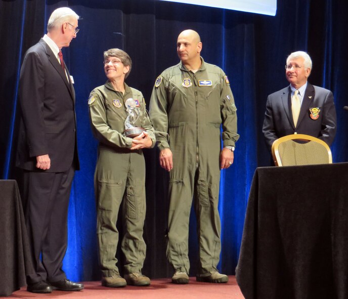 Col. Caroline Evernham, commander of the 916th Operations Group, accepted the Lt. Gen. James E. Sherrard III award at the 2013 Airlift/Tanker Association Conference in Orlando, Fla., Nov. 2. (USAF courtesy photo)
