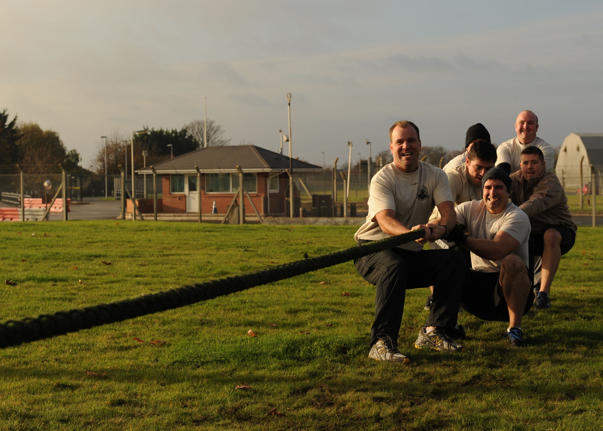 Members of the 352nd Special Operations Group compete in a tug-of-war contest during the 352nd SOG Olympics Nov. 27, 2013, on RAF Mildenhall, England. The 352nd SOG Olympics consisted of a gatorball tournament, basketball tournament and a ruck march. After the events, points from the day were tallied and the over-all winner was awarded the "SOG Hog" trophy. (U.S. Air Force photo by Airman 1st Class Preston Webb/Released)