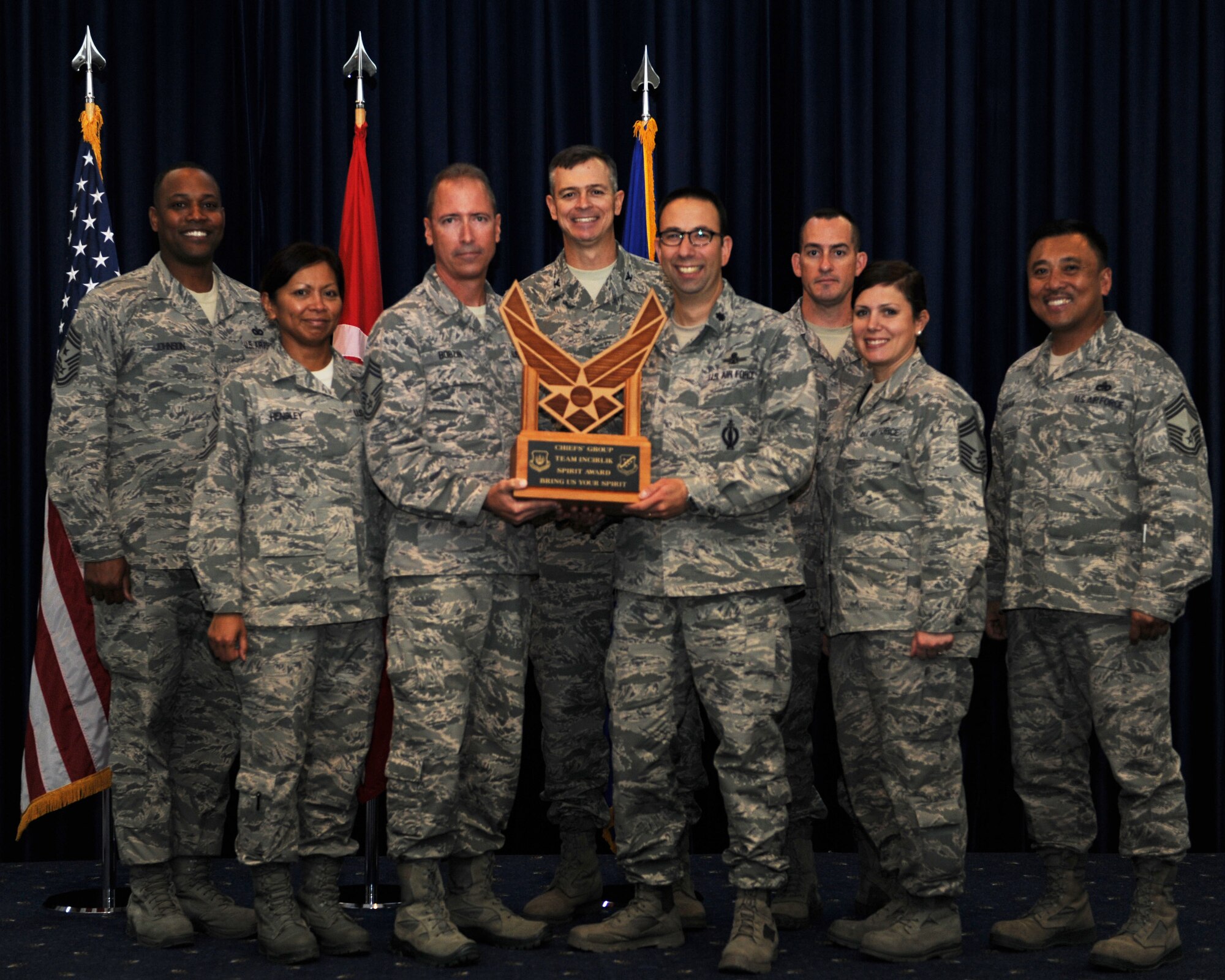 Lt. Col. David Holz, 39th Maintenance Squadron commander (Center right), receives the Chief's Spirit Award from Col. Craig Wills, 39th Air Base Wing commander, and the chief master sergeants of the 39th Air Base Wing on behalf of the 39th MXS during the promotion ceremony Nov. 27, 2013, at Incirlik Air Base, Turkey. The award is presented to the squadron that displays the most "spirit" during the ceremony. (U.S. Air Force photo by Senior Airman Chase Hedrick/Released)