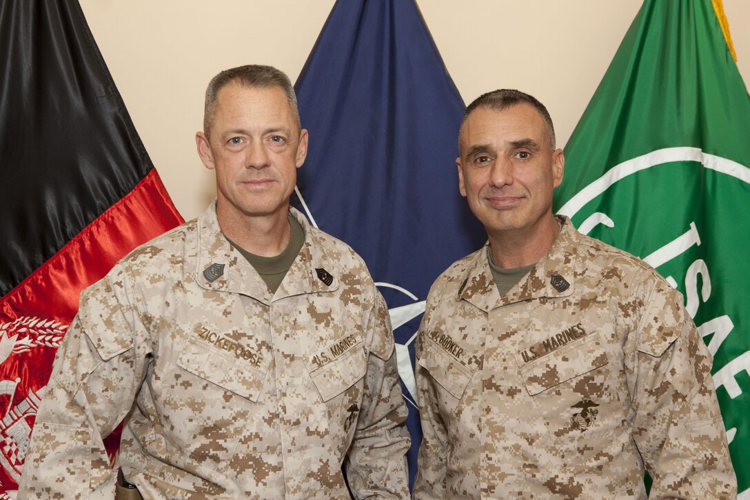 Sgt. Maj. Bryan Zickefoose and Sgt. Maj. James Booker pose for a photo at ISAF Headquarters, Kabul, Afghanistan, Nov. 27, 2013. (U.S. Marine Corps photo by Cpl. Tia Dufour/Released)
