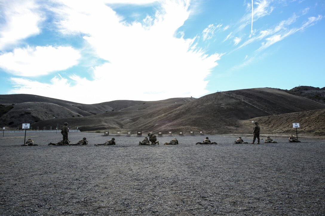 Marines with the 15th Marine Expeditionary Unit fire at targets during a small-arms training exercise at Range 111 aboard Camp Pendleton, Calif., Nov. 25. The training focused on enhancing the unit’s confidence and proficiency with personal weapons and M67 Fragmentation Hand Grenades. (U.S. Marine Corps photo by Cpl. Emmanuel Ramos)