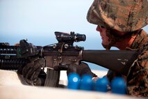 Lance Cpl. Micah Hutson, a rifleman with 3rd Battalion, 3rd Marine Regiment, aims an M203 40 mm grenade launcher with a recently developed sight as part of new equipment testing at Kaneohe Bay range training facility Nov. 19. Marine Corps Systems Command coordinated the training and is fielding the new sight. 